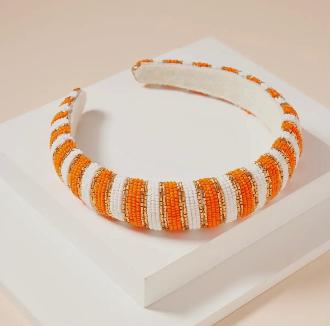 Orange and white beaded headband