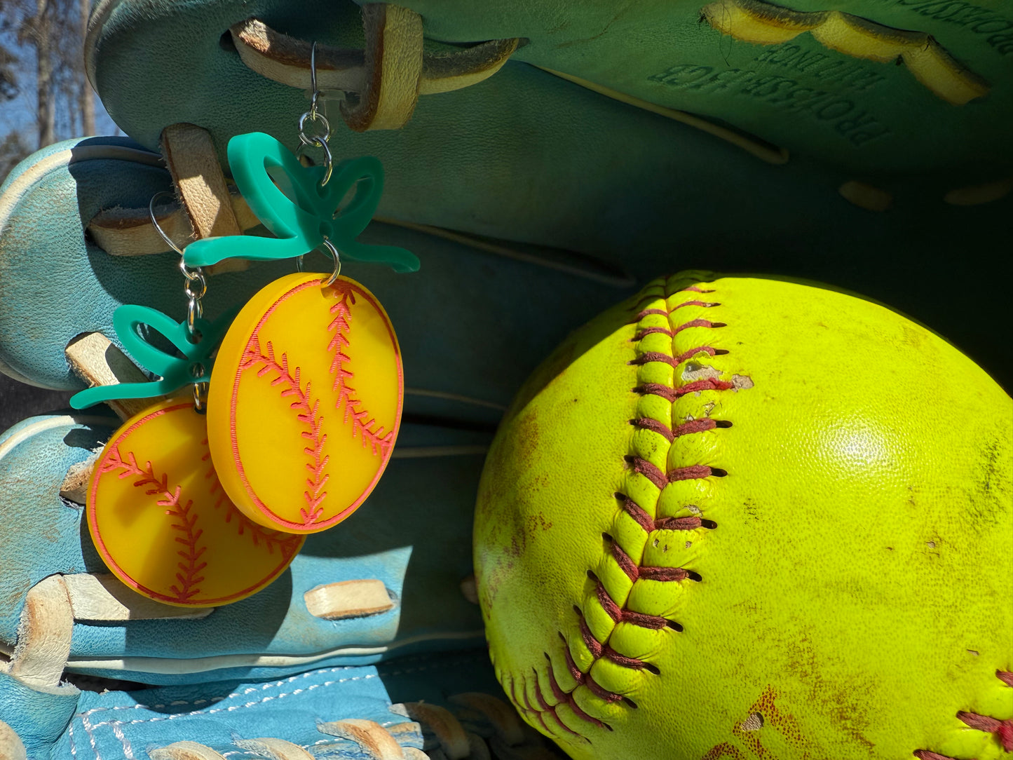 Softball Bow acrylic dangle earrings