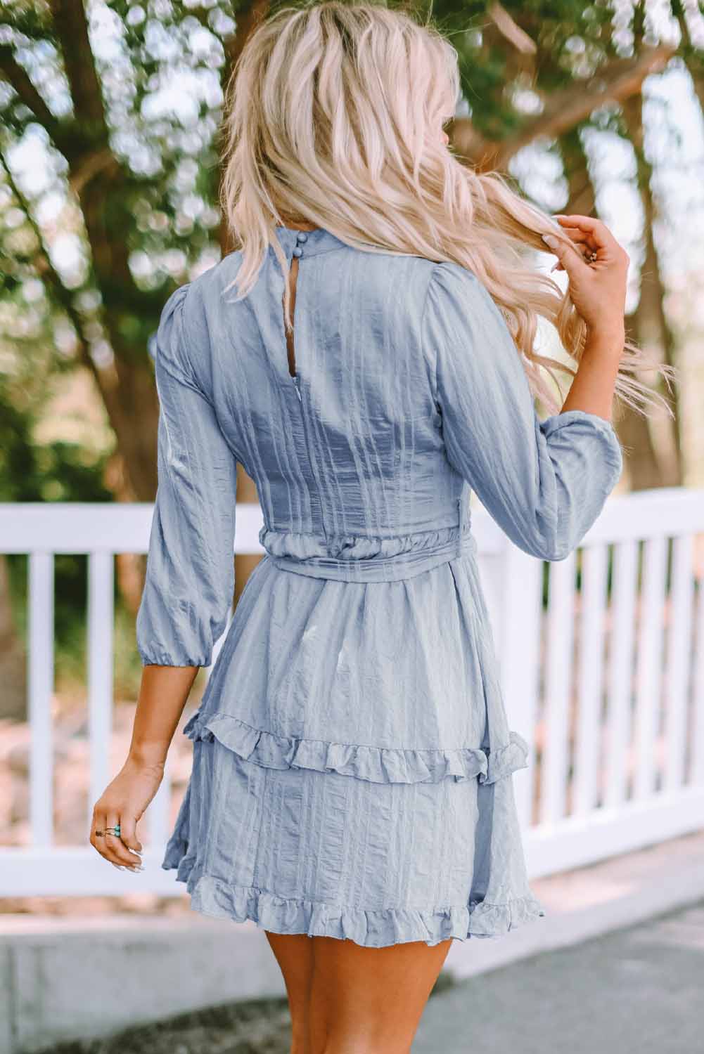 Textured Mock Neck Ruffle Trim Belted Dress