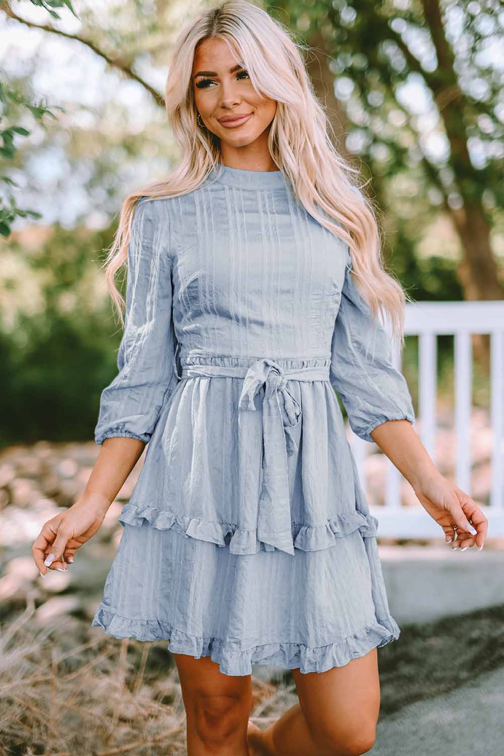 Textured Mock Neck Ruffle Trim Belted Dress