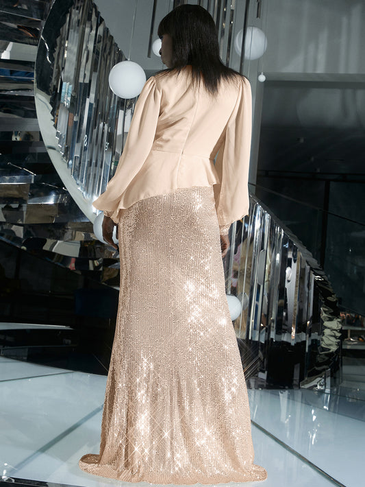 Sequin Balloon Sleeve Spliced Peplum Dress