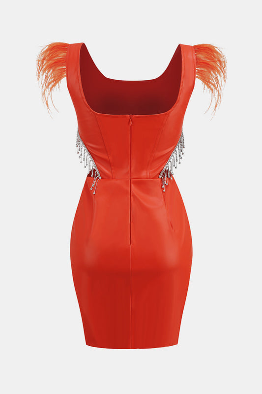PU Leather Zip-Back Rhinestone Fringe Cutout Dress