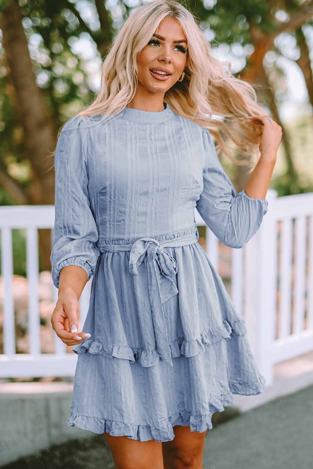 Textured Mock Neck Ruffle Trim Belted Dress