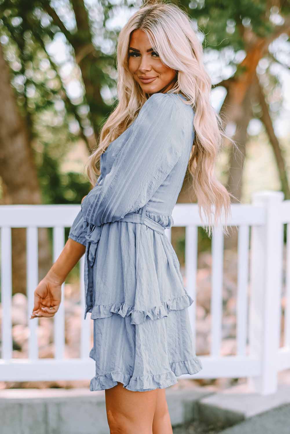 Textured Mock Neck Ruffle Trim Belted Dress
