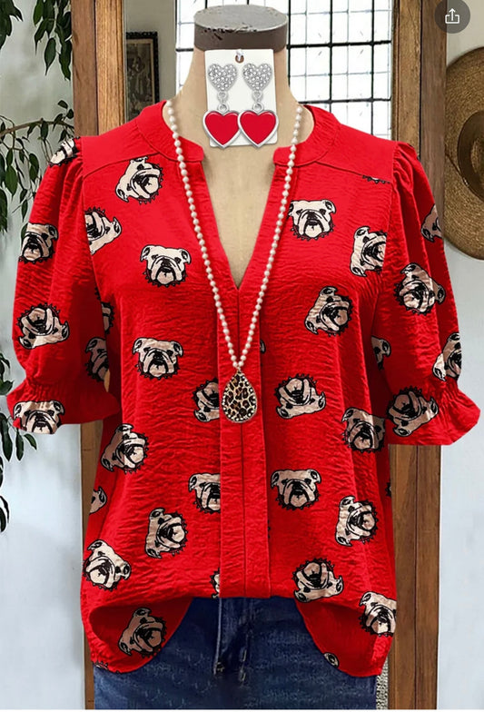 Classic Bulldog Print Puff Sleeve Top