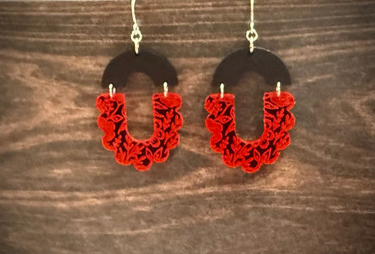 Red and Black scallop hoop earrings