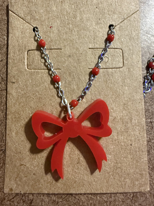 Small Red Bow Necklace with beaded chain