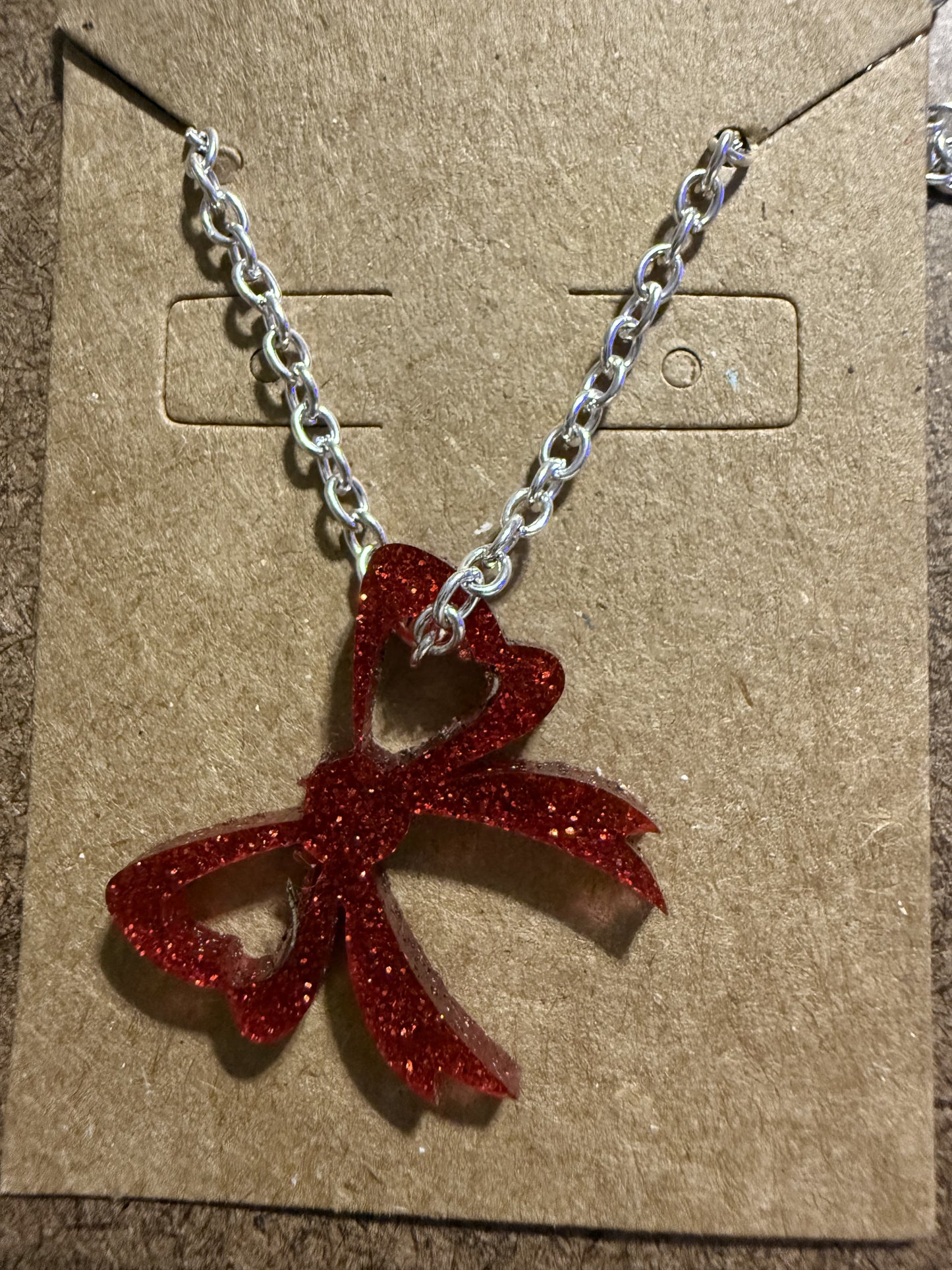 Small Red Glitter Bow Necklace