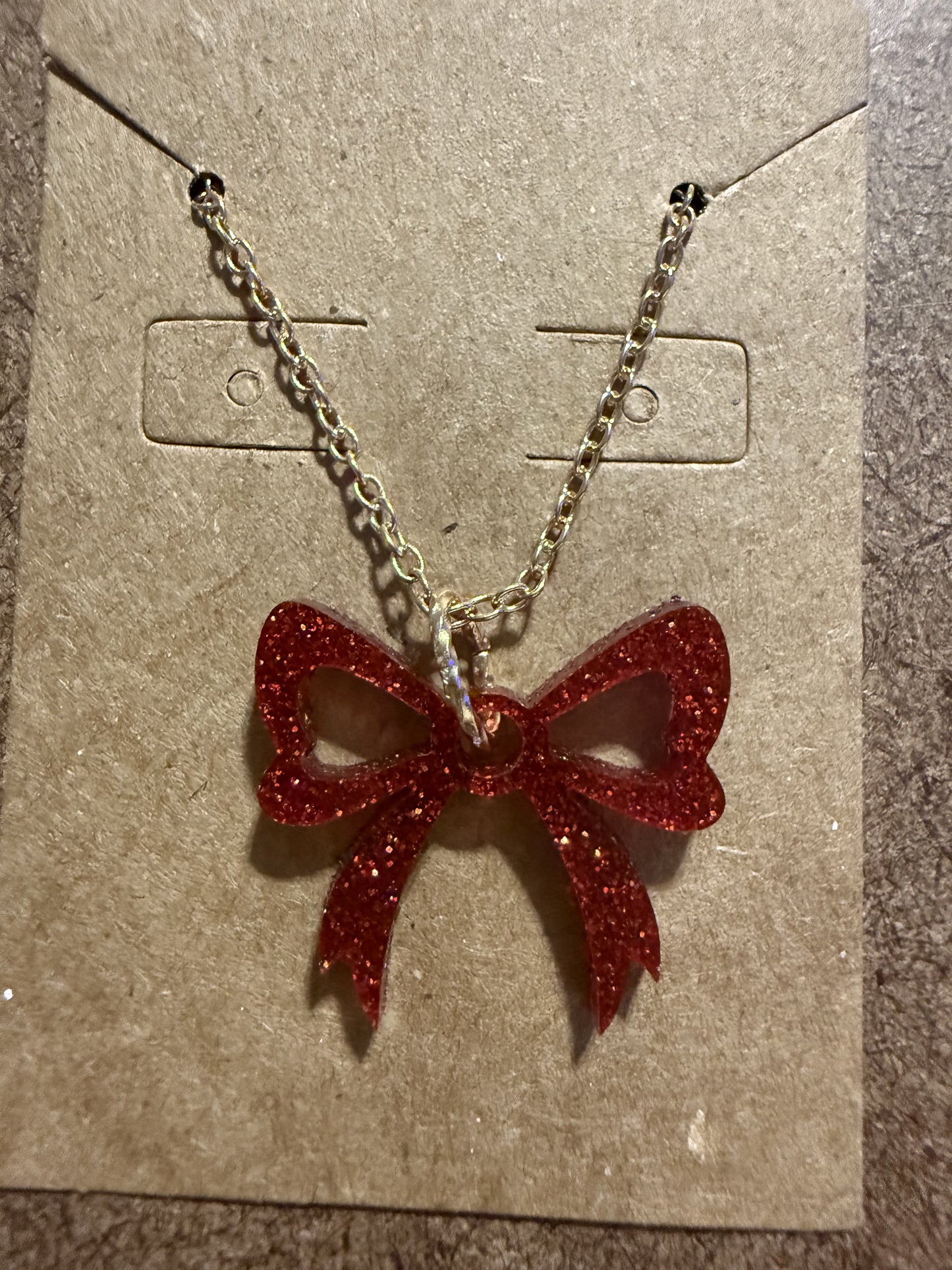 Small Red Glitter Bow Necklace