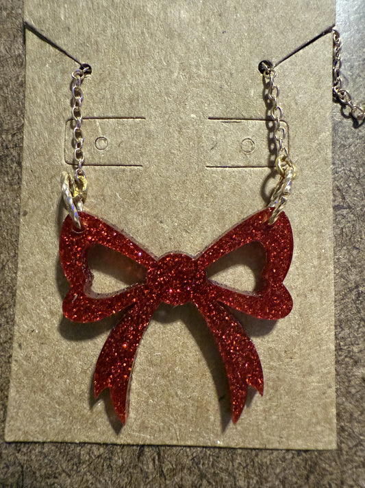 Large Red Glitter Bow necklace