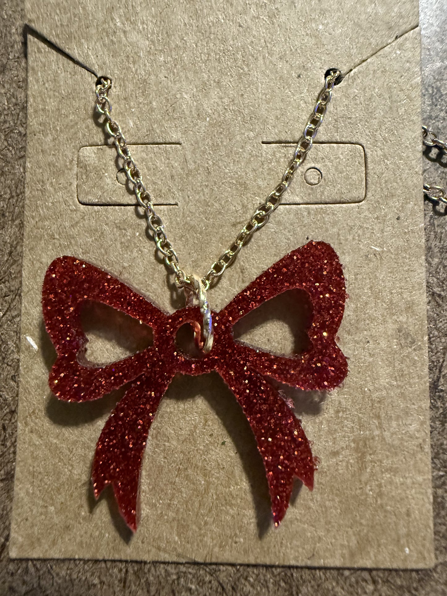 Large Red Glitter Bow Necklace