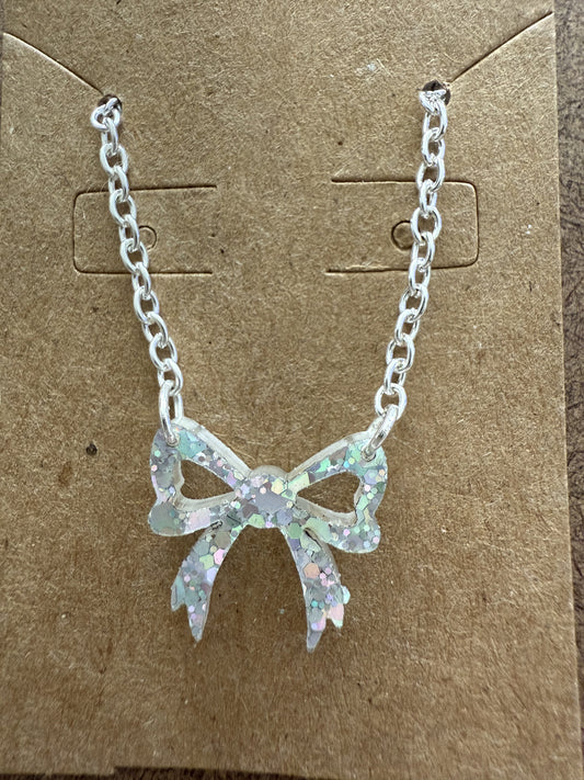 Mini Silver Glitter Bow Necklace