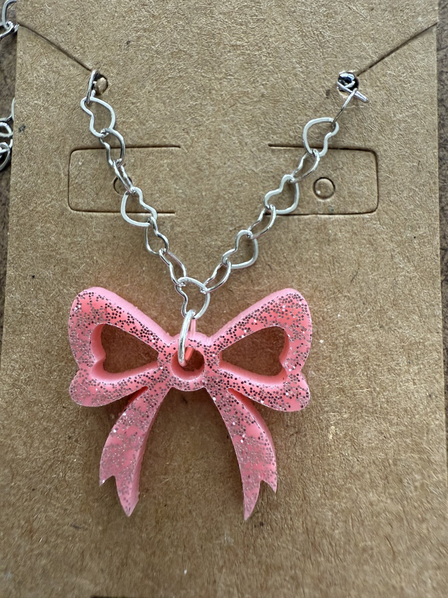 Small Light Pink Glitter Bow Necklace