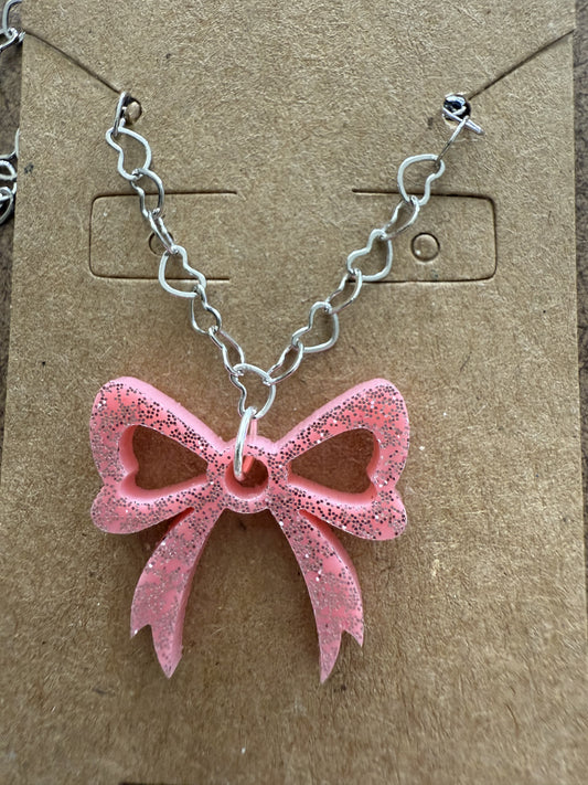 Small Light Pink Glitter Bow Necklace