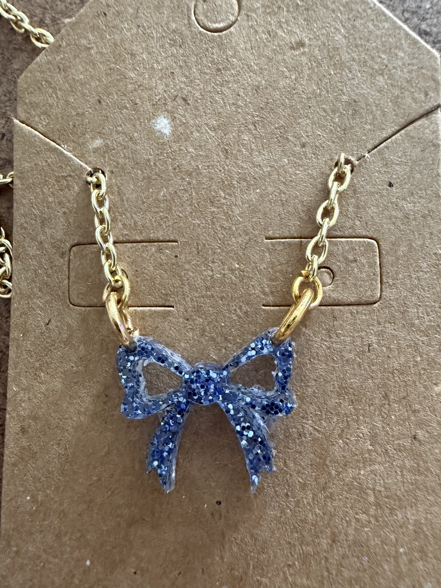 Mini Blue Glitter Bow Necklace