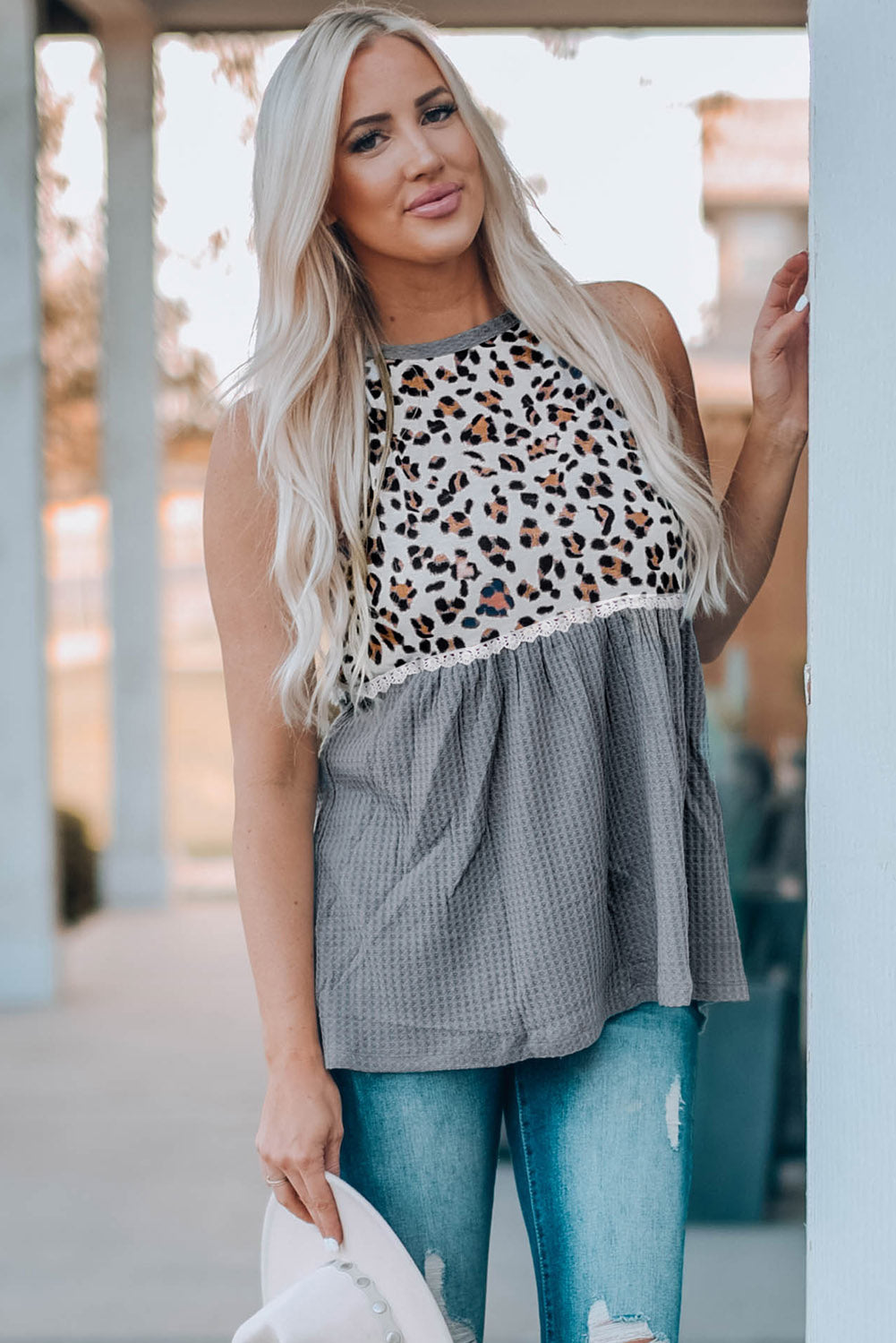 Leopard Spliced Ruched Tank Top