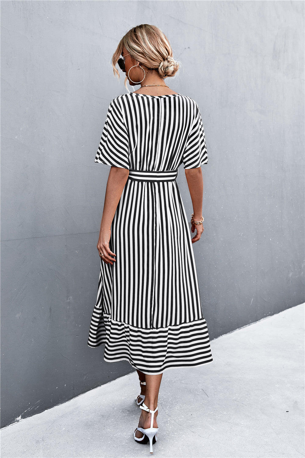 Striped Tie Belt Midi Dress