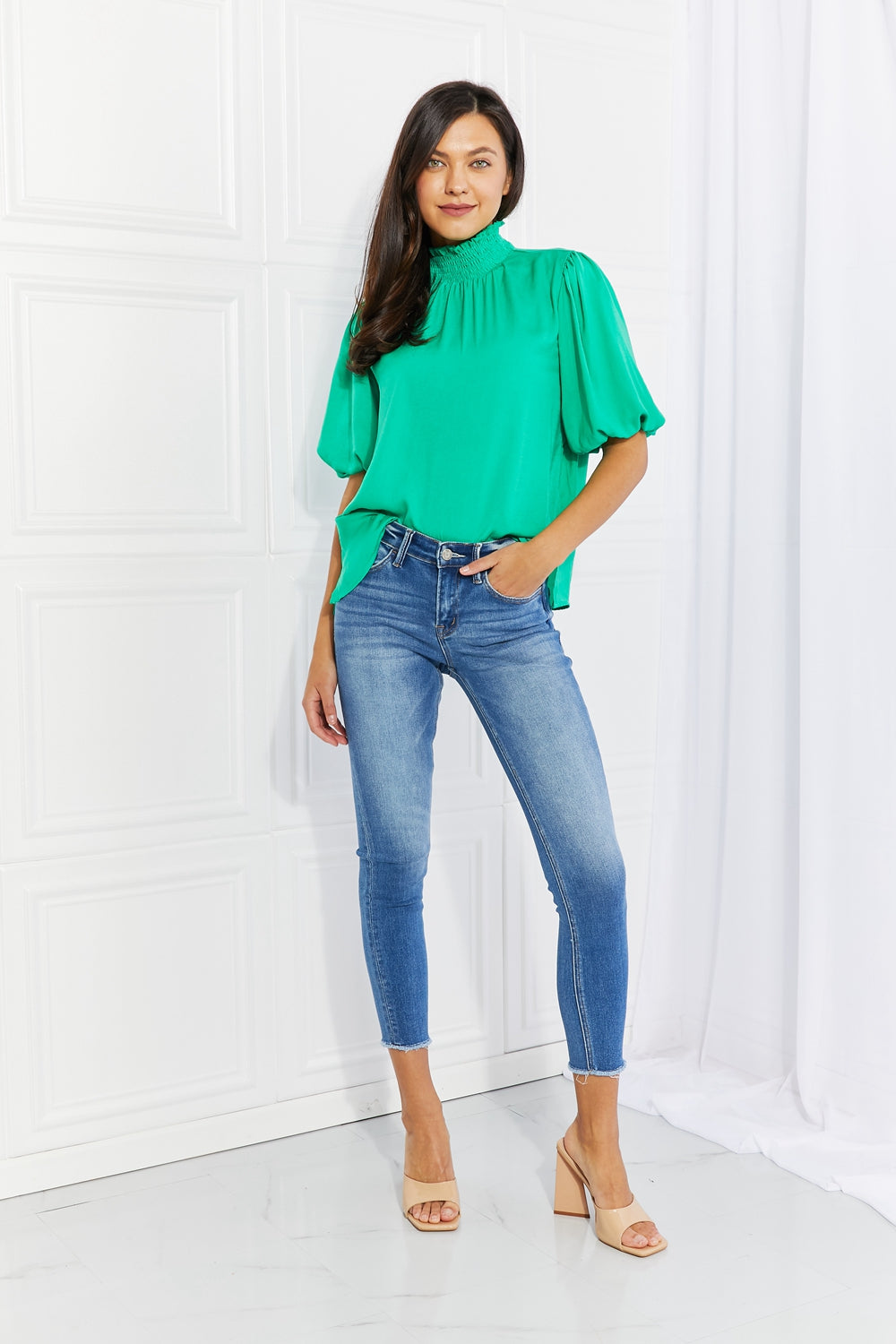 ODDI Full Size Slit Smocked Puff Sleeve Blouse