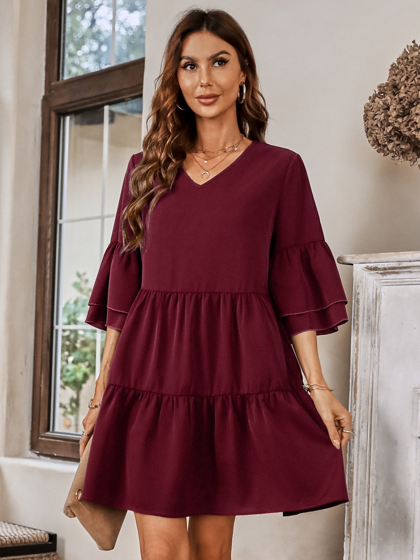 V-Neck Three-Quarter Flounce Sleeve Tiered Dress