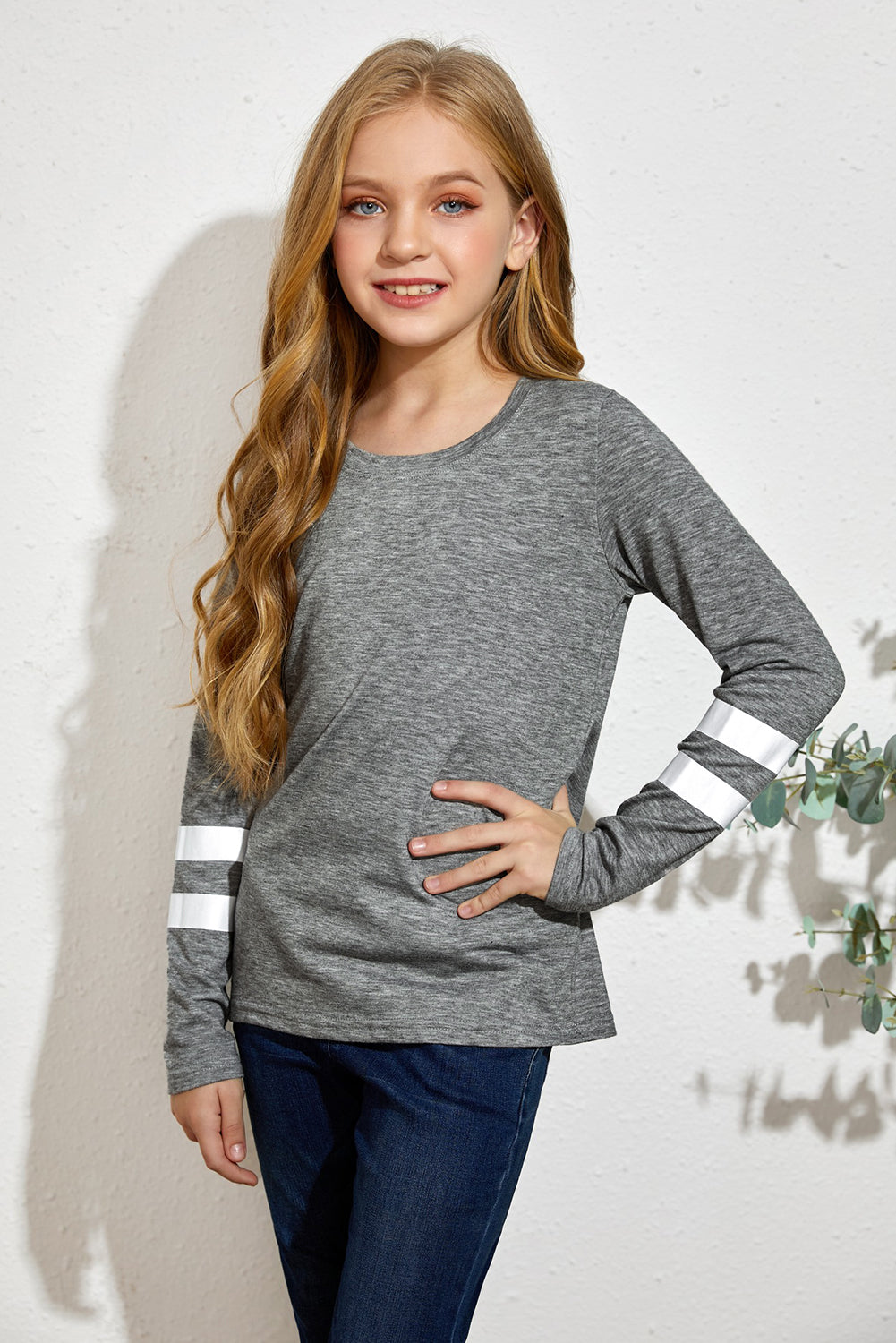 Girls Striped Round Neck Long Sleeve Top