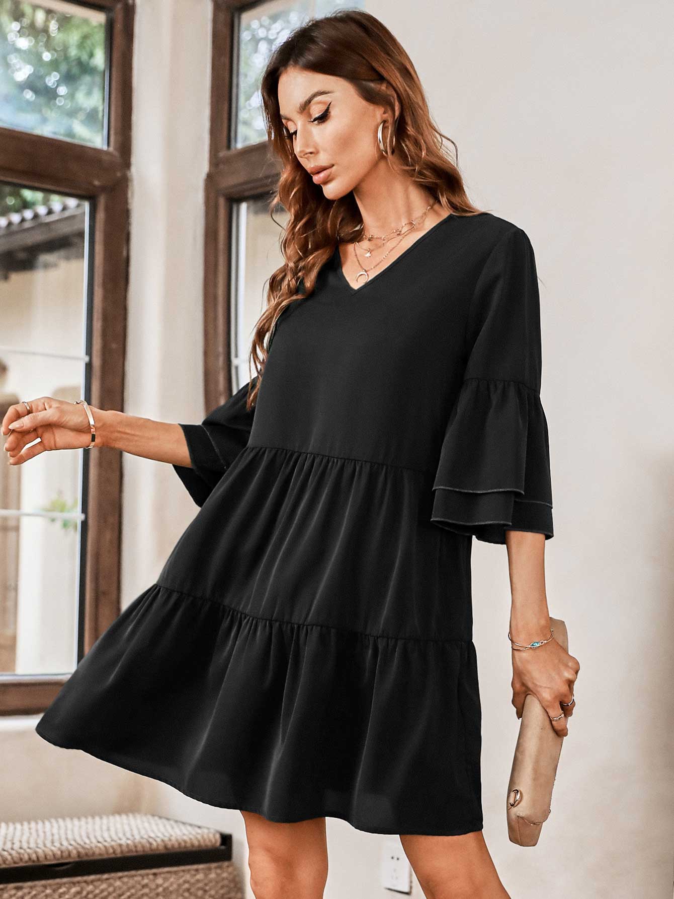 V-Neck Three-Quarter Flounce Sleeve Tiered Dress