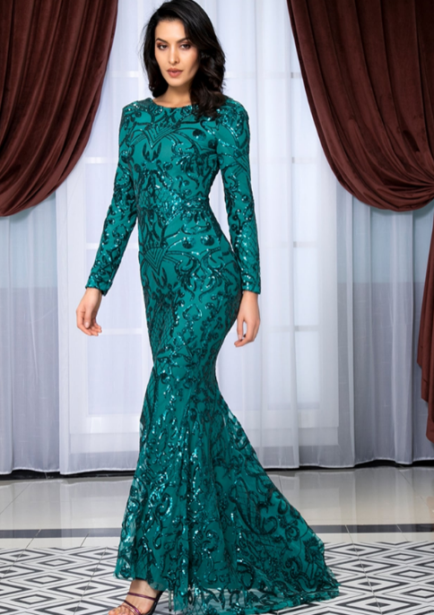 Contrast Sequin Round Neck Mermaid Dress