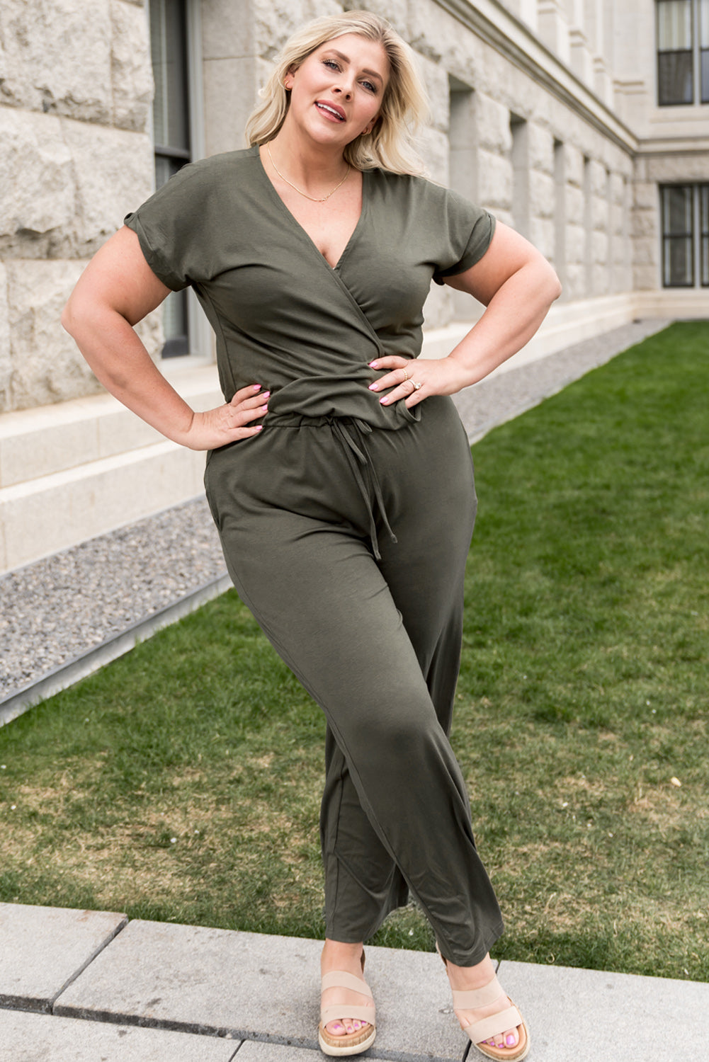 Plus Size Drawstring Waist Surplice Jumpsuit